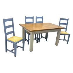 Fired Earth - contemporary kitchen table, rectangular oak parquetry top over four cream painted chamfered square section supports; together with set of four ladderback chairs, each with woven rush seat and lavender-grey painted finish