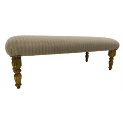 Traditional shape footstool, rectangular seat upholstered in neutral coloured striped woollen fabric, on turned beech supports