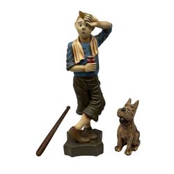 Fibreglass promotional/advertising figure of Herge's Tintin with baseball bat, standing mopping his brow and wearing plus-fours, a towel around his neck and holding a can of Coca-Cola H90cm; with similar figure of his dog Snowy seated with a baseball in his mouth (3)