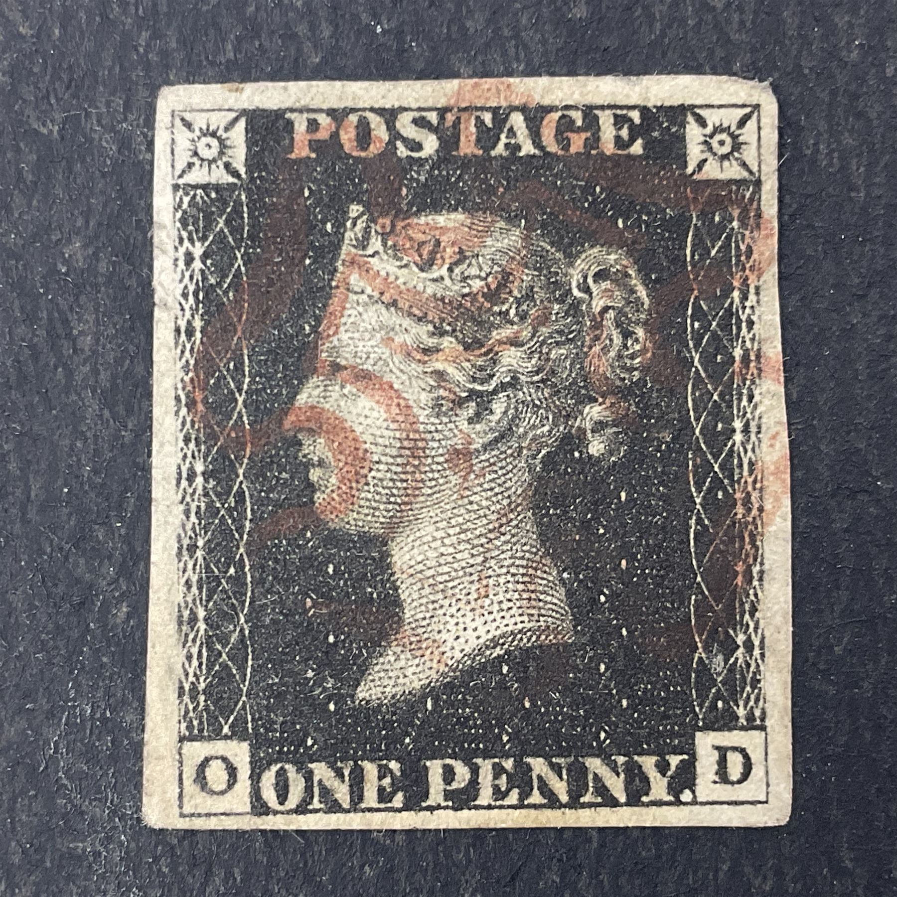 Two Great Britain Queen Victoria penny black stamps, both with red MX cancels