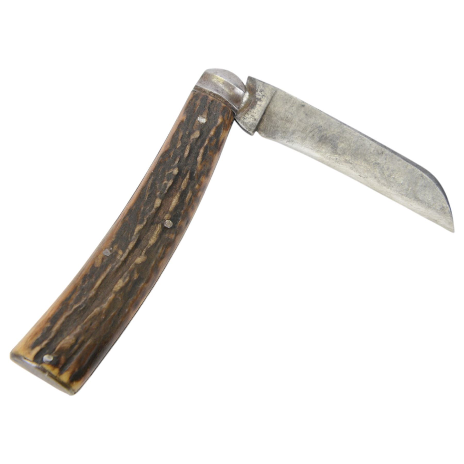 Flat bottomed pruning knife, antler scales, the blade stamped Saynor, Saynor Cooke & Ridal and verso Obtain Warranted, blade L10cm, overall L22cm
