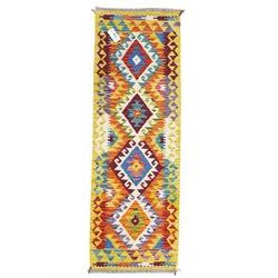 Small Chobi Kilim runner, decorated with hooked lozenges, multi-coloured ground