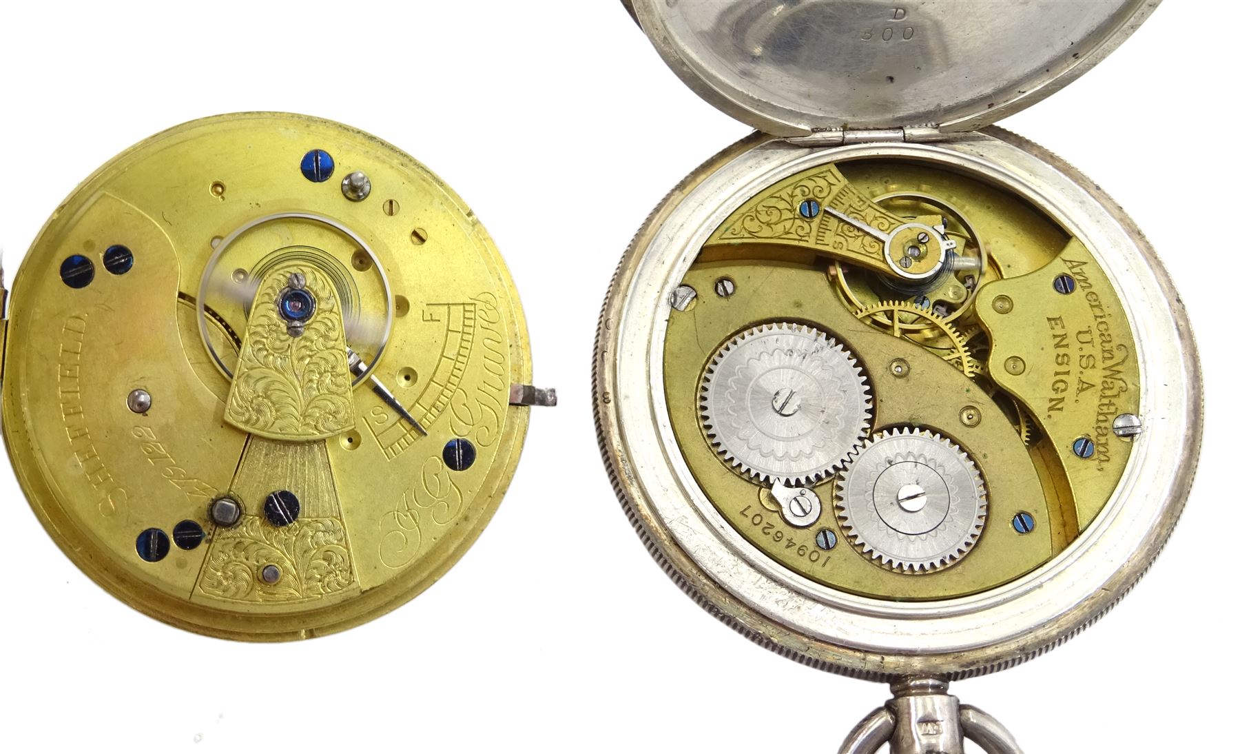 Silver full hunter keyless lever pocket watch by American Watch Co, Waltham, Birmingham 1903 and a silver open face 'The Express English Lever' pocket watch by J.G. Graves, Sheffield, No. 479122, Birmingham 1899