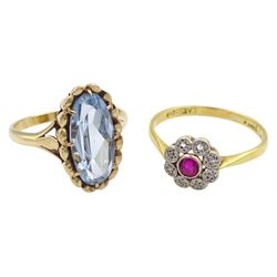 18ct gold synthetic pink stone and diamond chip cluster ring and a 9ct gold synthetic light blue spinel ring