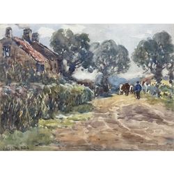 James William Booth (Staithes Group 1867-1953): Driving Cattle down a Country Lane, watercolour signed 28cm x 37cm