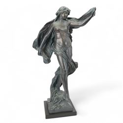 Austin Productions Art Nouveau style sculpture 'La Grace' after Eugene Marioton, signed and with impressed marks, together with similar composite figure of a nude figure on a rock and a pillar, pillar H77cm