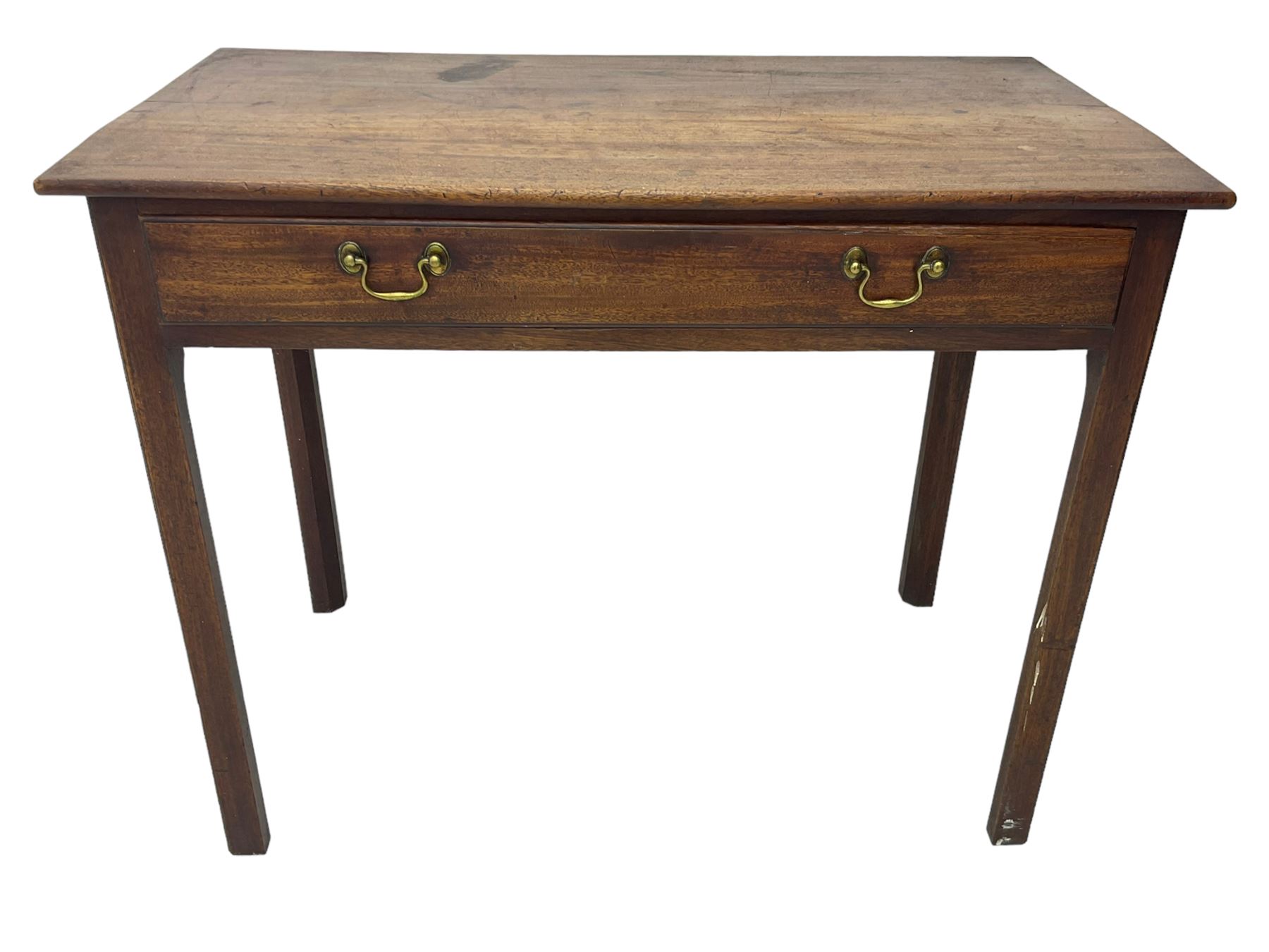 Early 20th century oak side table, rectangular top with rounded edges over single frieze drawer with brass pull handles, raised on square supports