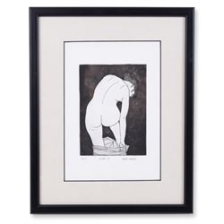 Alan Coates (British Contemporary): 'Nude 4', limited edition etching No.3/12 signed and titled 20cm x 14cm; Sarah J Venus (British Contemporary): Corsets, lino cut 21cm x 19cm; William 