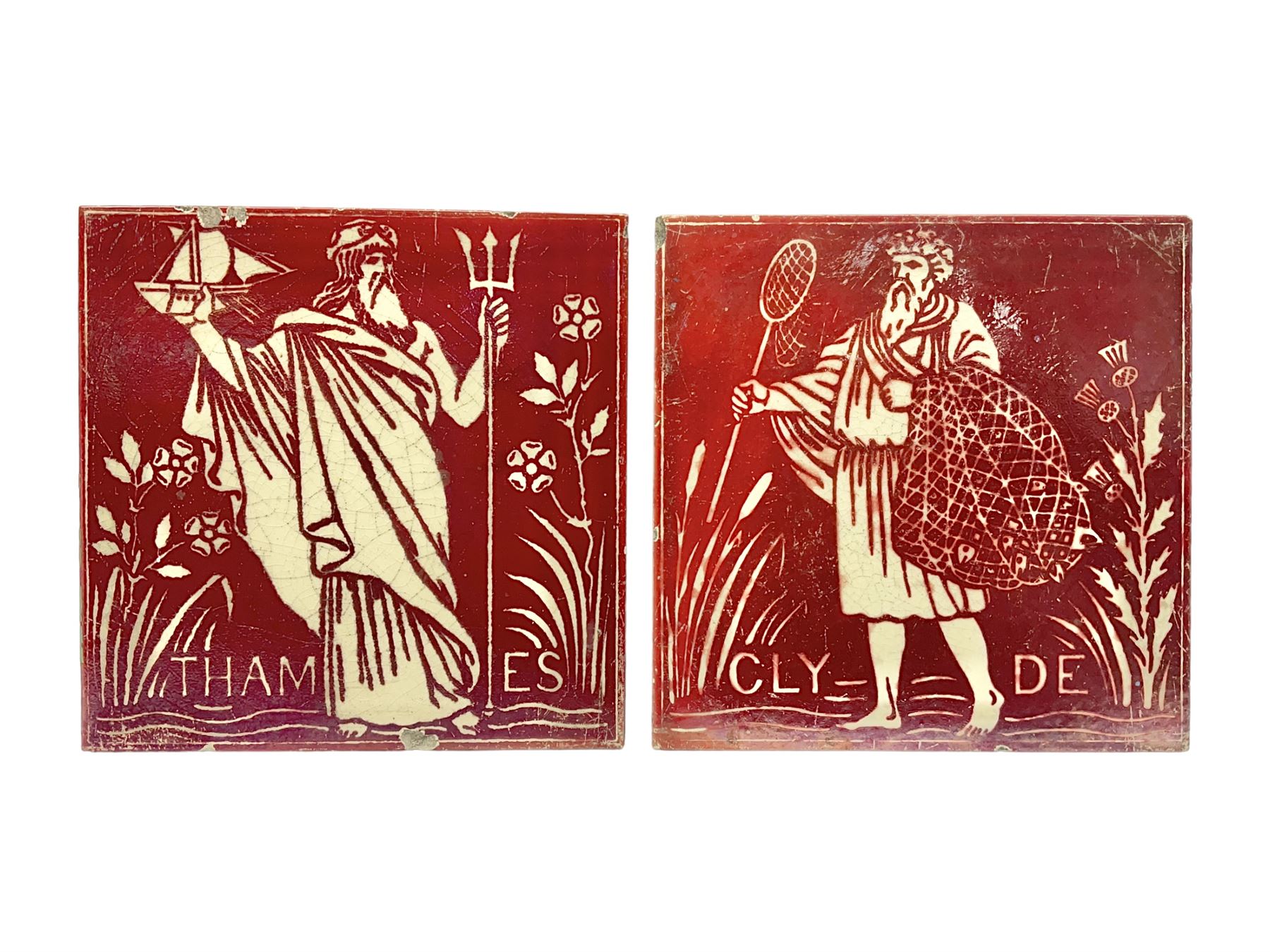 Pair of Maw & Co Benthall Works tiles, each depicting classical figures with fishing and shipping details, one inscribed Thames, the other Clyde, upon a red lustre ground, with raised marks verso, H15.2cm