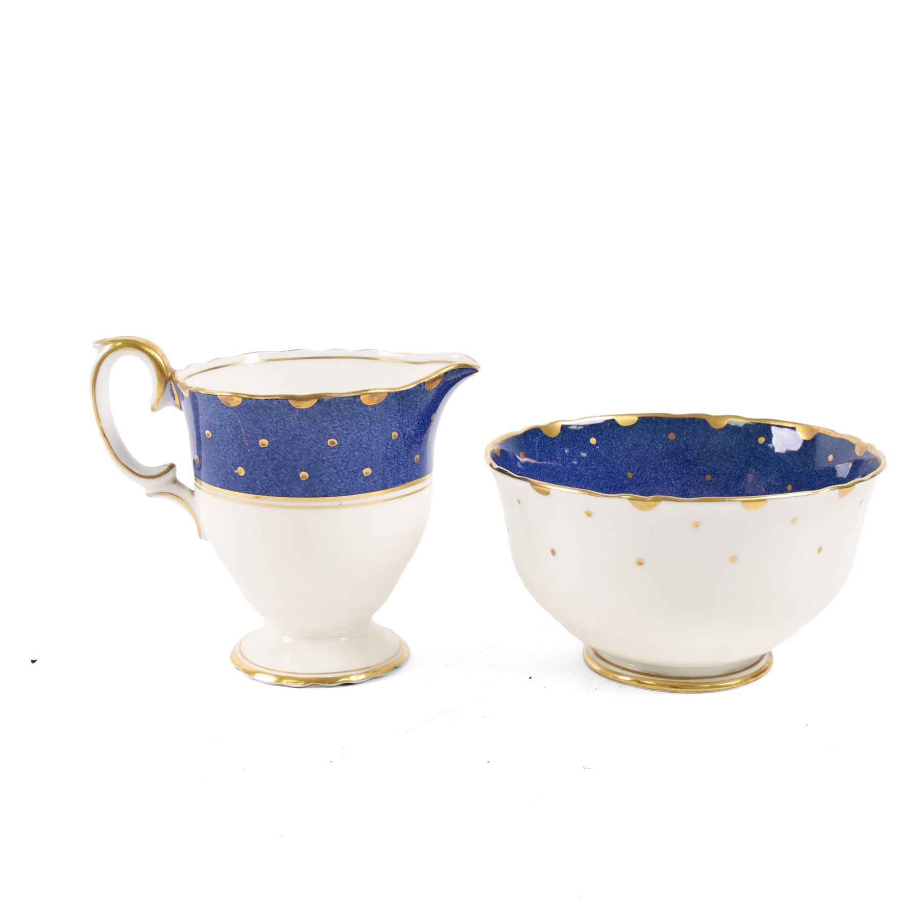 Crown Staffordshire Polka Dot tea service for six, comprising cups and saucers, milk jug, open sucrier, side plates and cake plate