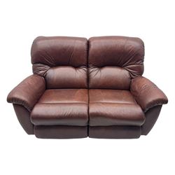 La-Z-Boy - manual reclining three piece suite - two seater sofa (W165cm, H105cm); and two armchairs (W98cm), upholstered in brown leatherette