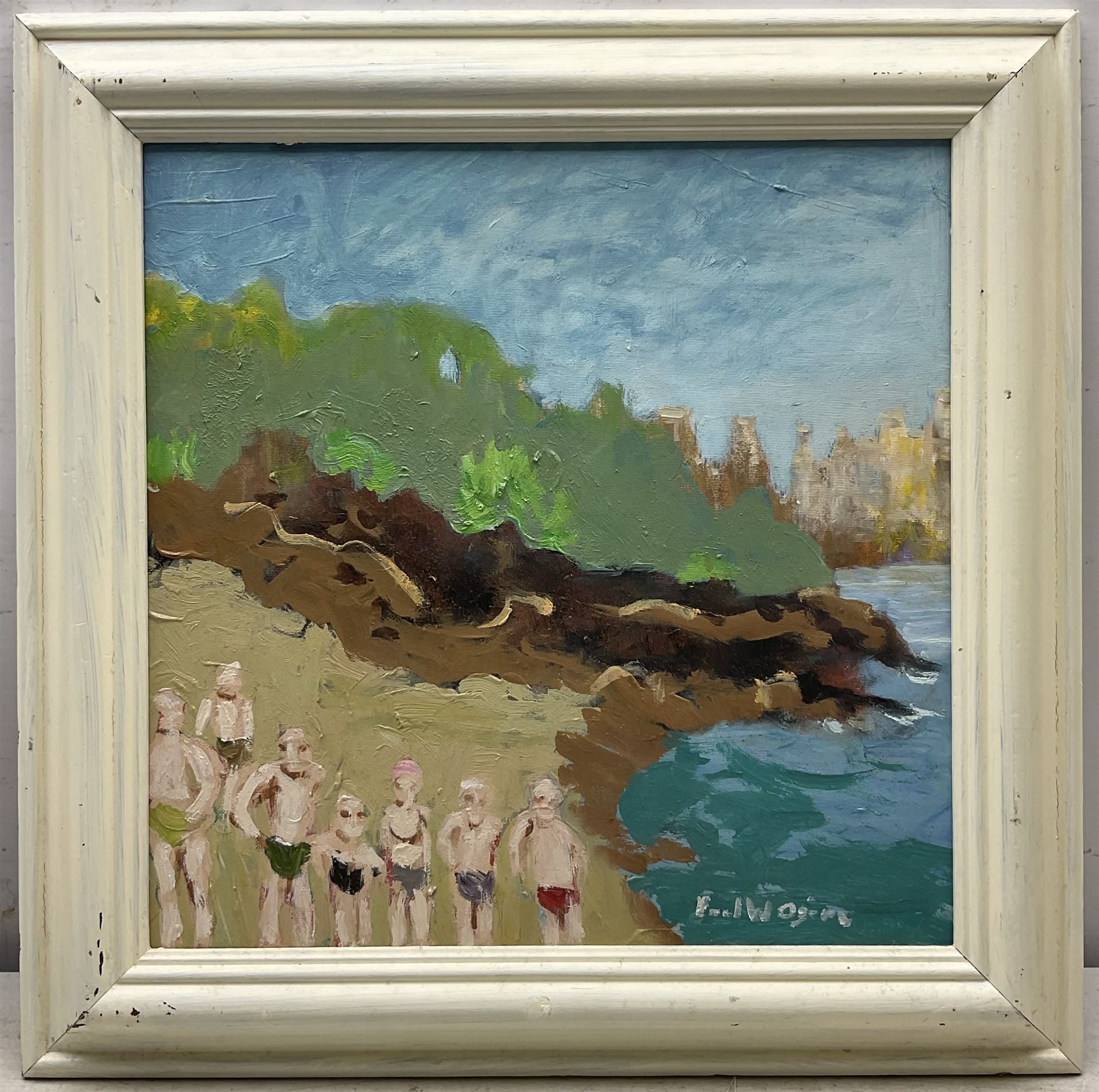 Paul W Ozere (Cornish 20th century):  Adam and Eve, Bathers, View Towards the City, Breaking the Bank, Beneath the Wave and Watcher, six oils on canvas signed max 39cm x 39cm (6)