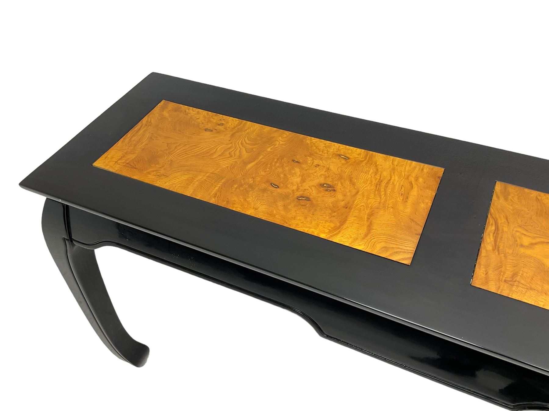 20th century Chinese ebonised lacquered console table, rectangular top with contrasting elm rectangular panels, shaped apron over curved supports
