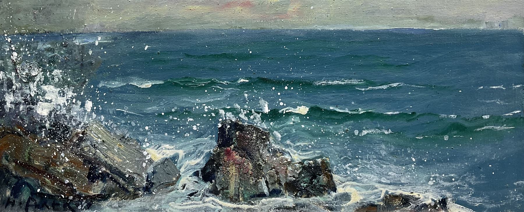 Rupert Aker (British Contemporary): Seascape, mixed media on canvas laid on board signed 19cm x 45cm
