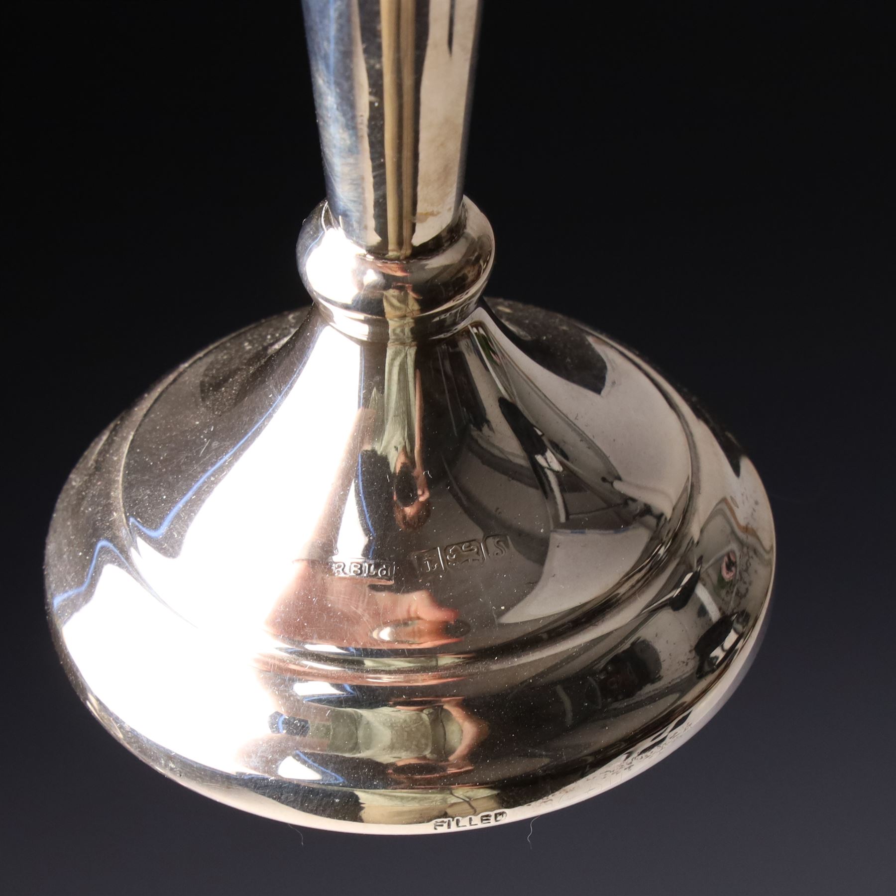 Pair of silver trumpet shape vases with pierced rims H18cm Sheffield 1910 Maker James Deakin & Sons and one other vase H21cm Birmingham 1967