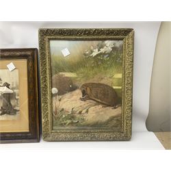 Three framed prints, two wildlife scenes and 'love is blind'