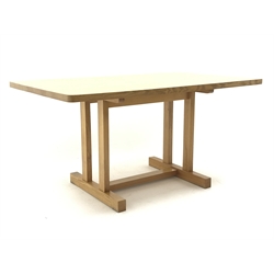  Treske ash rectangular dining table, rectangular supports on shaped sledge supports, W145cm, H73cm, D89cm  