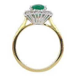 18ct gold oval emerald and diamond cluster ring, hallmarked, emerald approx 1.50 carat, total diamond weight approx 0.60 carat