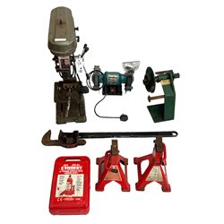 Tull bench pillar drill, Beechers Bender, Clarke grinder, pair of Stilsons, axel stands and bottle jack