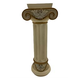 Classical Ionic style column in white finish with scrolled capital, fluted body on moulded plinth base (H97cm), and a similar small column stand (H68cm)
