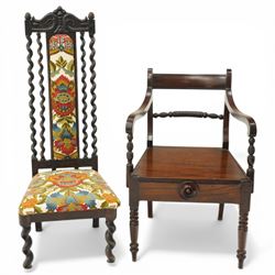 19th century Carolean design oak hall chair, carved cresting rail over barley-twist uprigh...