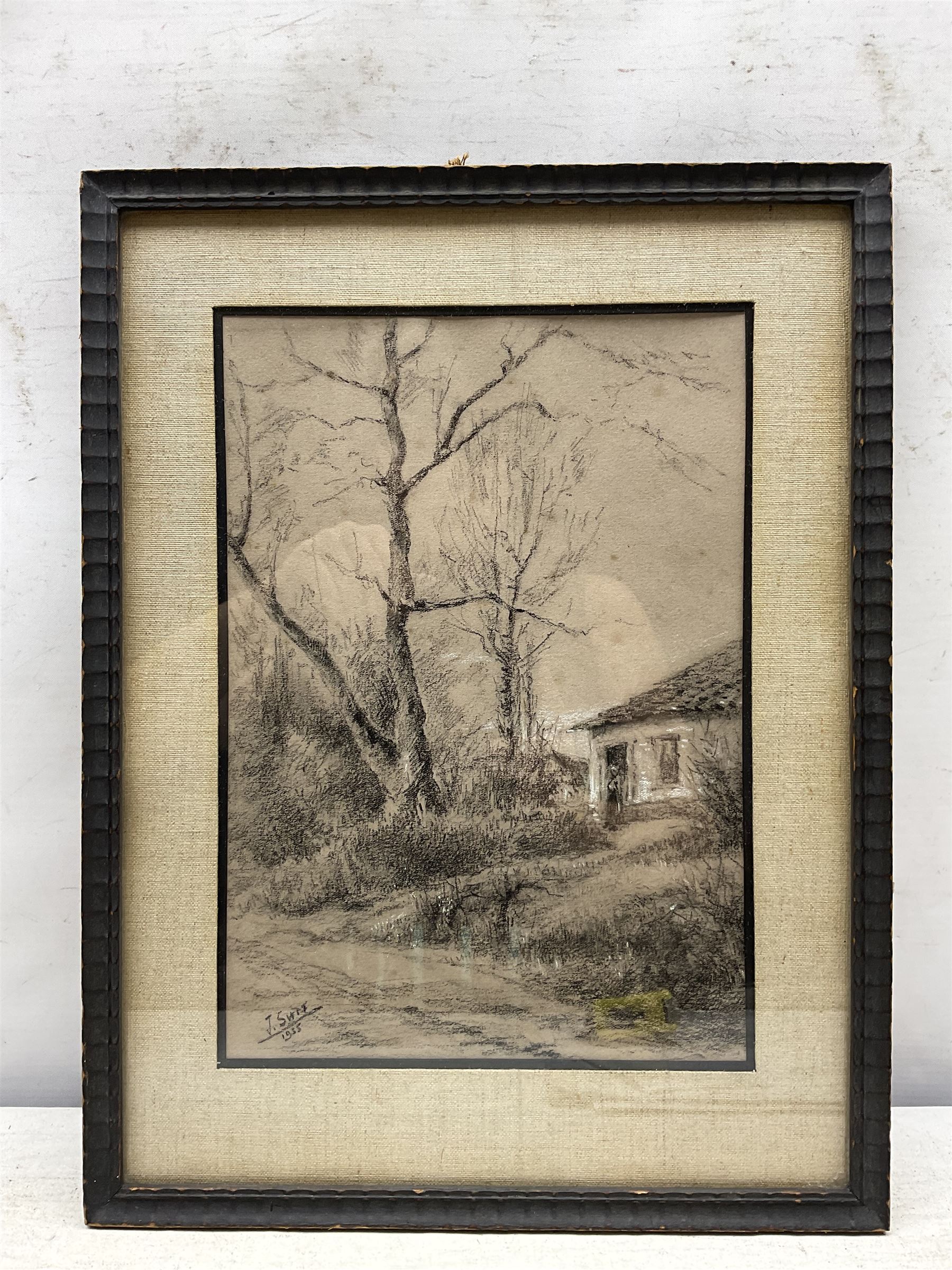 Sophia Sinclair RSA (British fl.1881-1889): The Walk Home, watercolour signed 17cm x 53cm; F Vincent: River Landscape, watercolour signed and dated '04, 15cm x 25cm; J Swift: Cottage, charcoal and chalk signed and dated 1935, 28cm x 19cm  (3)