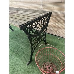 Cast iron and wood slatted garden table and pair of metal hanging baskets  - THIS LOT IS TO BE COLLECTED BY APPOINTMENT FROM DUGGLEBY STORAGE, GREAT HILL, EASTFIELD, SCARBOROUGH, YO11 3TX