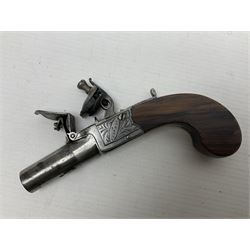 Early 19th century J. Calvert (Leeds) flintlock single barrel tap action pocket pistol, approximately .45 cal., the 4cm (originally) screw off barrel with top safety and walnut stock L16cm overall