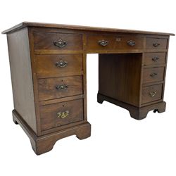 Late 19th century mahogany twin pedestal desk, moulded rectangular top with leather inset writing surface, fitted with nine drawers, on bracket feet