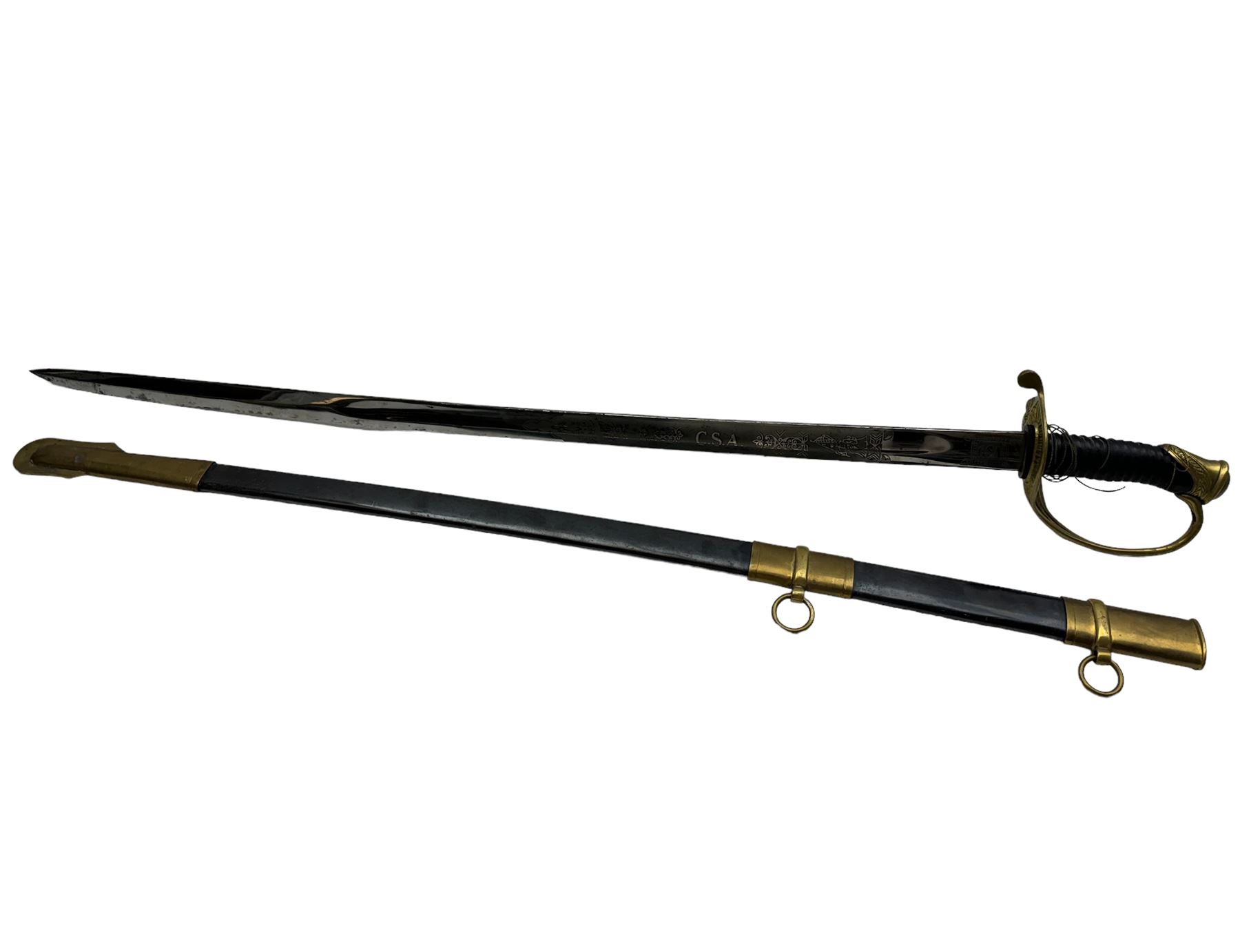 Replica Confederate States Army officer's sword, with brass pommel, black leather hand grip, the 85cm single edged blade marked CSA, in a metal and brass scabbard, L106cm