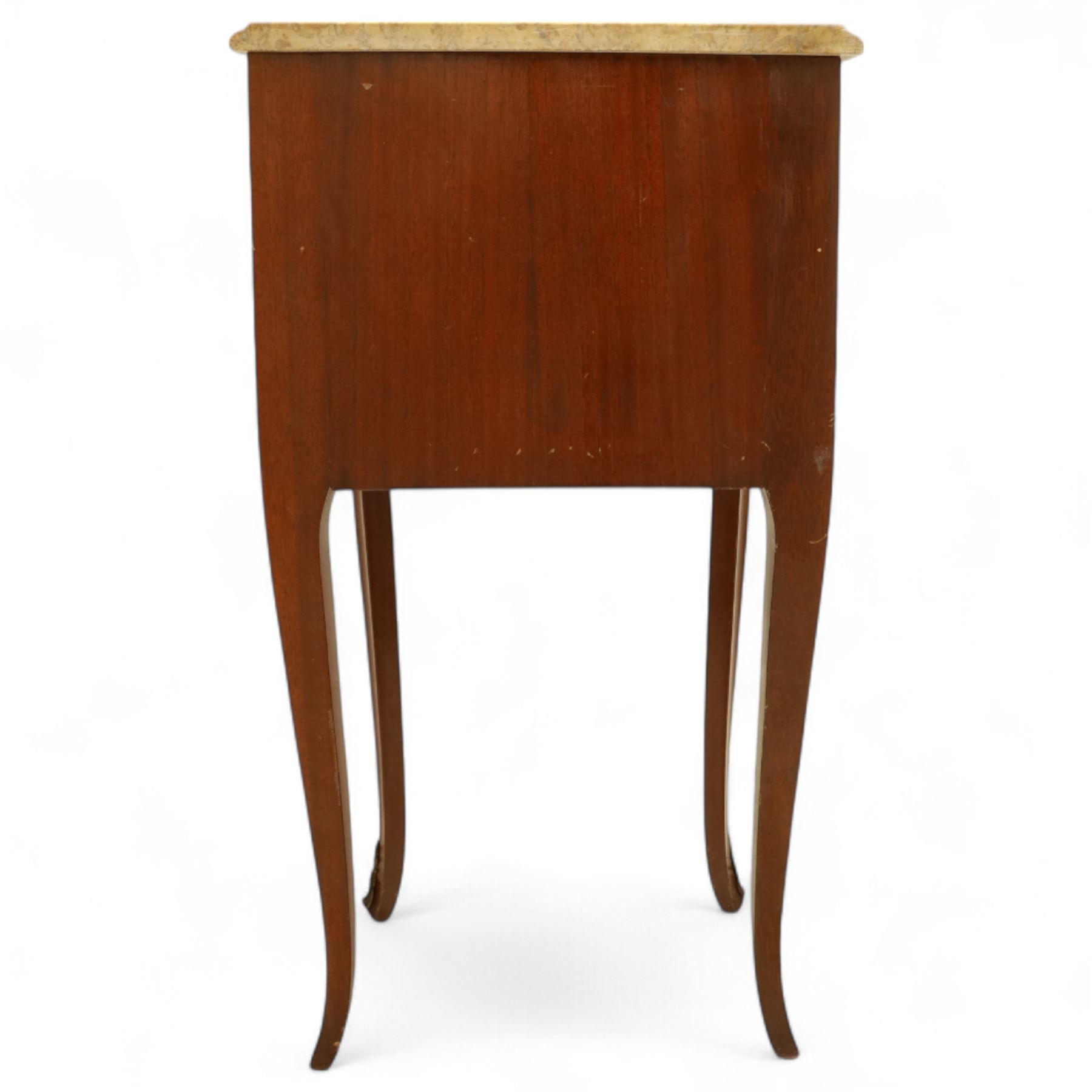Pair of Louis XV style kingwood and marquetry bedside cabinets, the serpentine sienna marble top above two bombe fronted drawers with rococo style bronze handles and masks on slender cabriole legs terminating in bronze sabots  