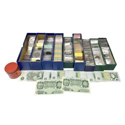 Great British and World coins and banknotes, mostly pre-decimal and pre-Euro, to include two O’Brien ‘H49L’ one pound notes, quantity of Queen Victoria penny coins etc, in one box 
