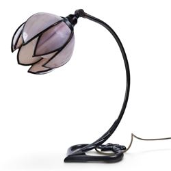 Chrisopher Wray, Art Nouveau style table lamp together with four wall lights, each shade in the form of a flower in purple tones