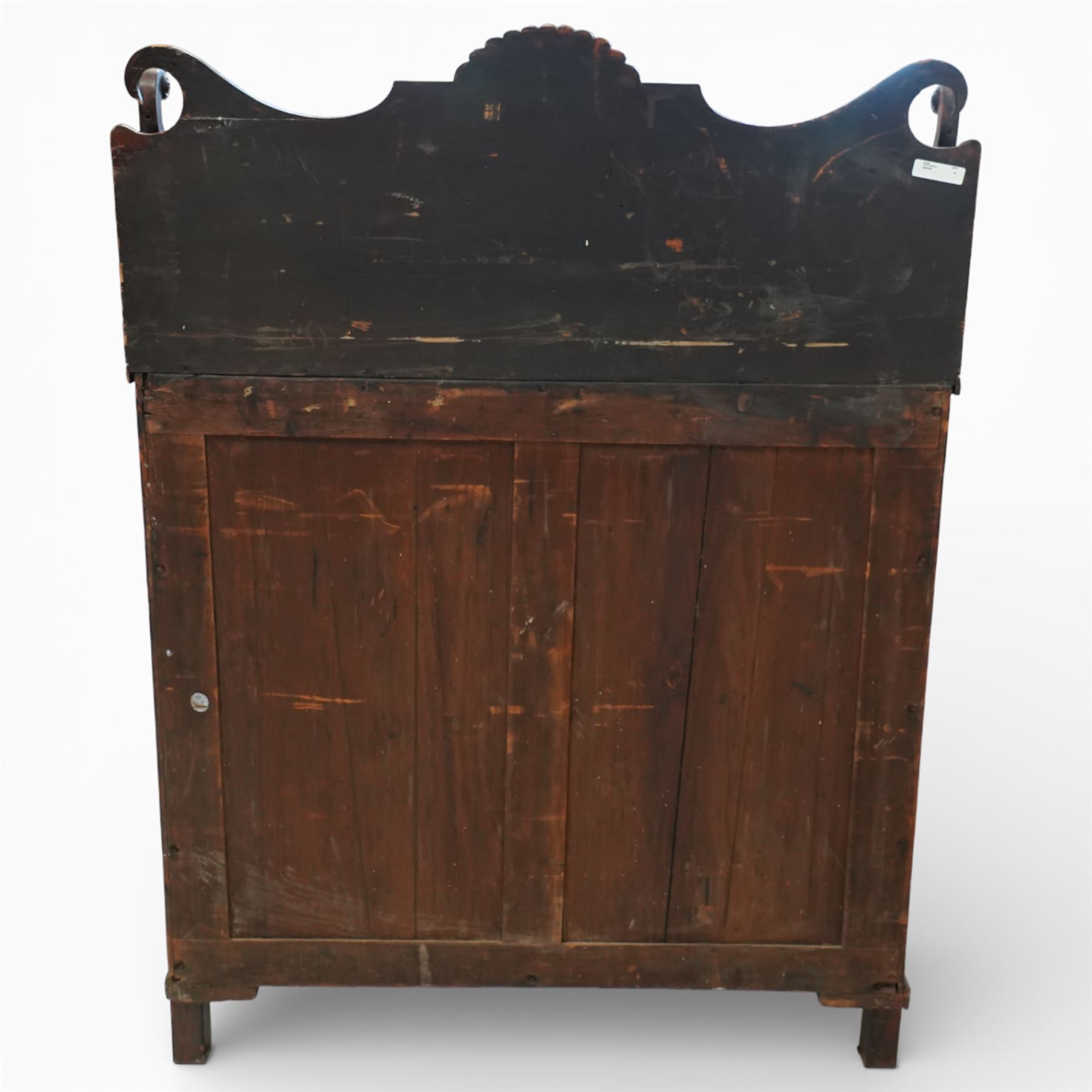 Regency simulated rosewood chiffonier, with shaped scroll supports and shell carved cresting, over a pair of panelled doors inset with diamond lattice glazing, enclosing a shelved interior, raised on short turned feet