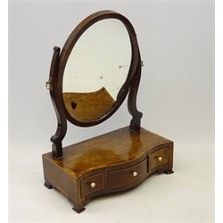  19th century mahogany toilet mirror with cross band inlay on serpentine base with three drawers on four ogee bracket feet, H54cm   