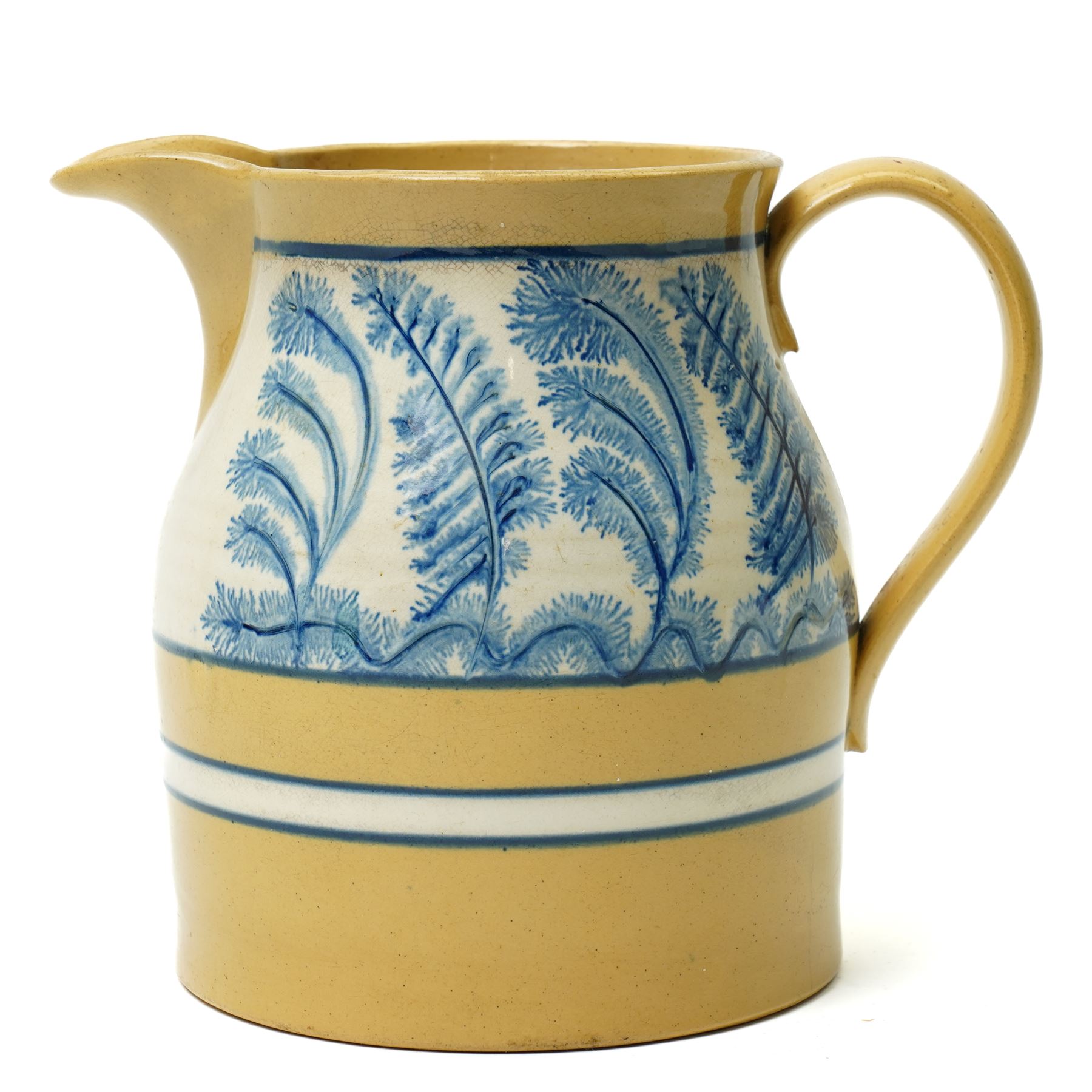 Late 19th century mocha ware jug, the yellow ground with cream and blue bands, and with typically decorated collar H18.5cm  
