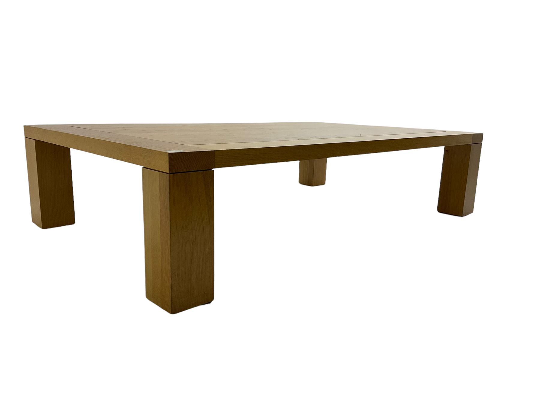 Large pippy oak rectangular coffee table, square block leg, retailed by Chapmans of Newcastle