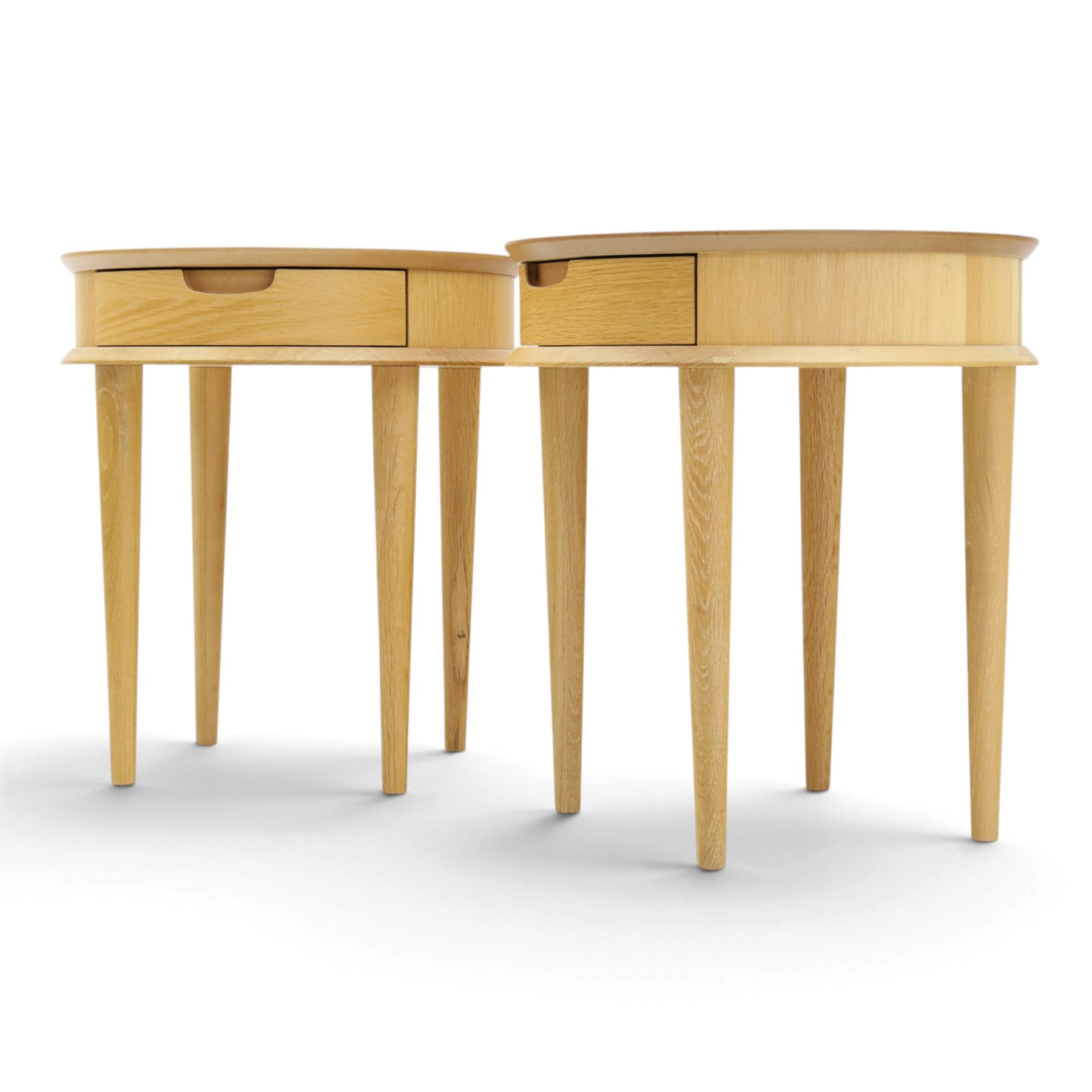 Bentley Designs - Pair of 'Dansk' light oak circular bedside or lamp tables, one drawer with recessed handle, tapering circular supports