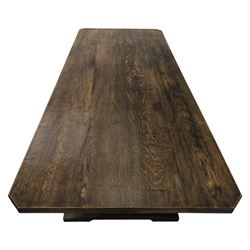 Acorn Industries - country oak kitchen or dining table, rectangular top with canted corners, shaped pedestals with joining pegged stretcher, Acornman signature
