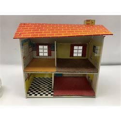 Mid-century Marx style tin dollhouse and quantity of dolls house furniture, H35cm