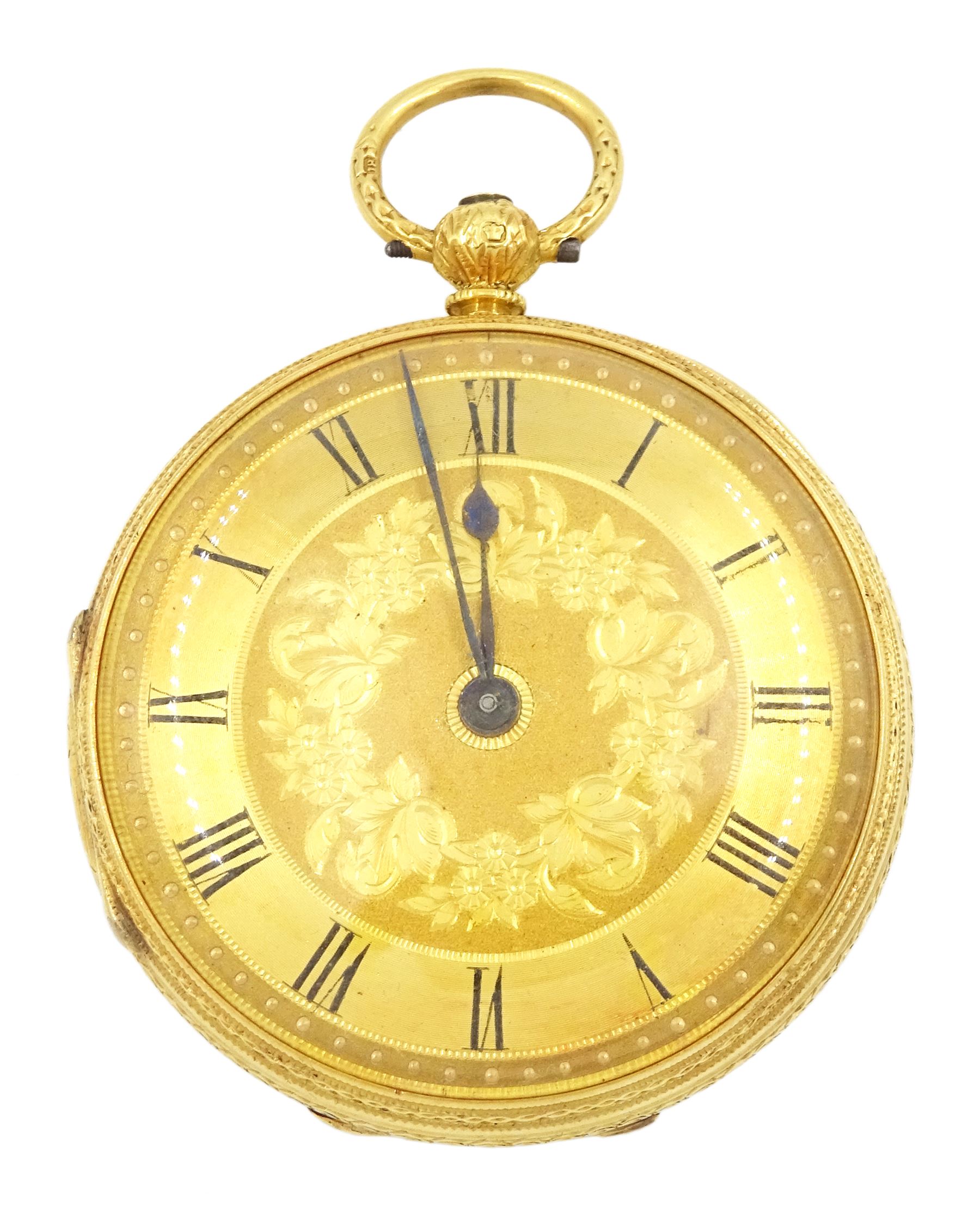 Victorian 18ct gold open face key wound lever pocket watch by Edward Bevan, Birkenhead, No. 4502, gilt dial with Roman numerals, case engraved with foliate decoration, makers mark C E, London 1874, in fitted silk and velvet lined case