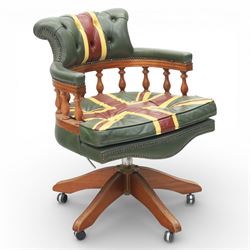 Late 20th century captain’s swivel desk chair, button upholstered back and seat in green l...