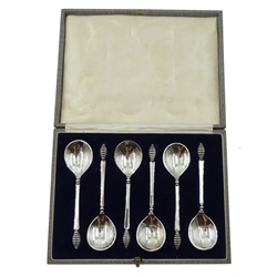  Set of six silver teaspoons by Charles Boyton London 1932, also signed Charles Boyton, fluted beehive terminals, spot-hammered bowls, length 11.1cm, weight 3.6oz  