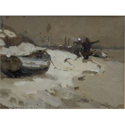 Joseph Richard Bagshawe (Staithes Group 1870-1909): Fishermen and Coble on the Winter Sands, watercolour heightened in white signed 16cm x 21.5cm
Provenance: acquired direct from the trustees of the Bagshawe Estate when the final part of the artist's studio collection was dispersed in Whitby in the 1990s, never previously been on the open market 
