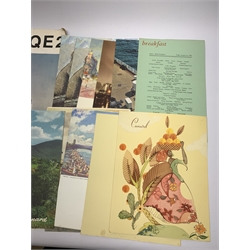 Cunard Liners memorabilia - RMS Queen Elizabeth, thirty menus January 1965; RMS Queen Mary, five menus September 1956 and voyage souvenir book; other menus etc October 1964 for both vessels; QE2 menu May 1969 and booklet