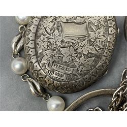 Victorian and later silver jewellery including engraved oval locket pendant, bangle, fob watch, vesta case, faux pearl necklace, butterfly wing pendant etc, a collection of costume jewellery including beaded necklaces, brooches, earrings, ladies wristwatches and a small collection of coins including two pre 1947 half crowns 