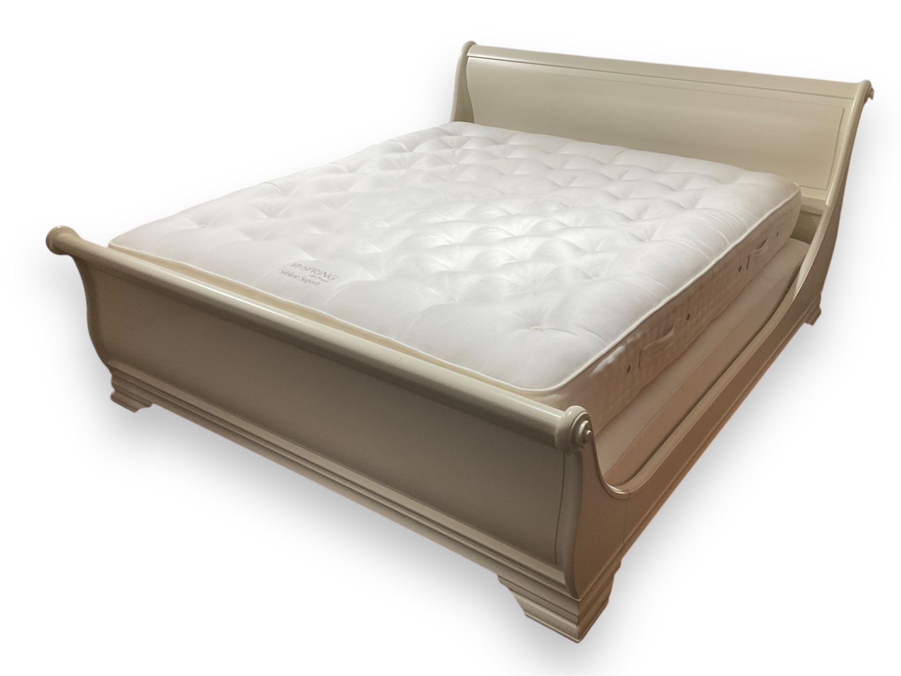 Cream finish Super Kingsize sleigh bed; together with Vispring 'Sublime Superb' mattress complete with divan base