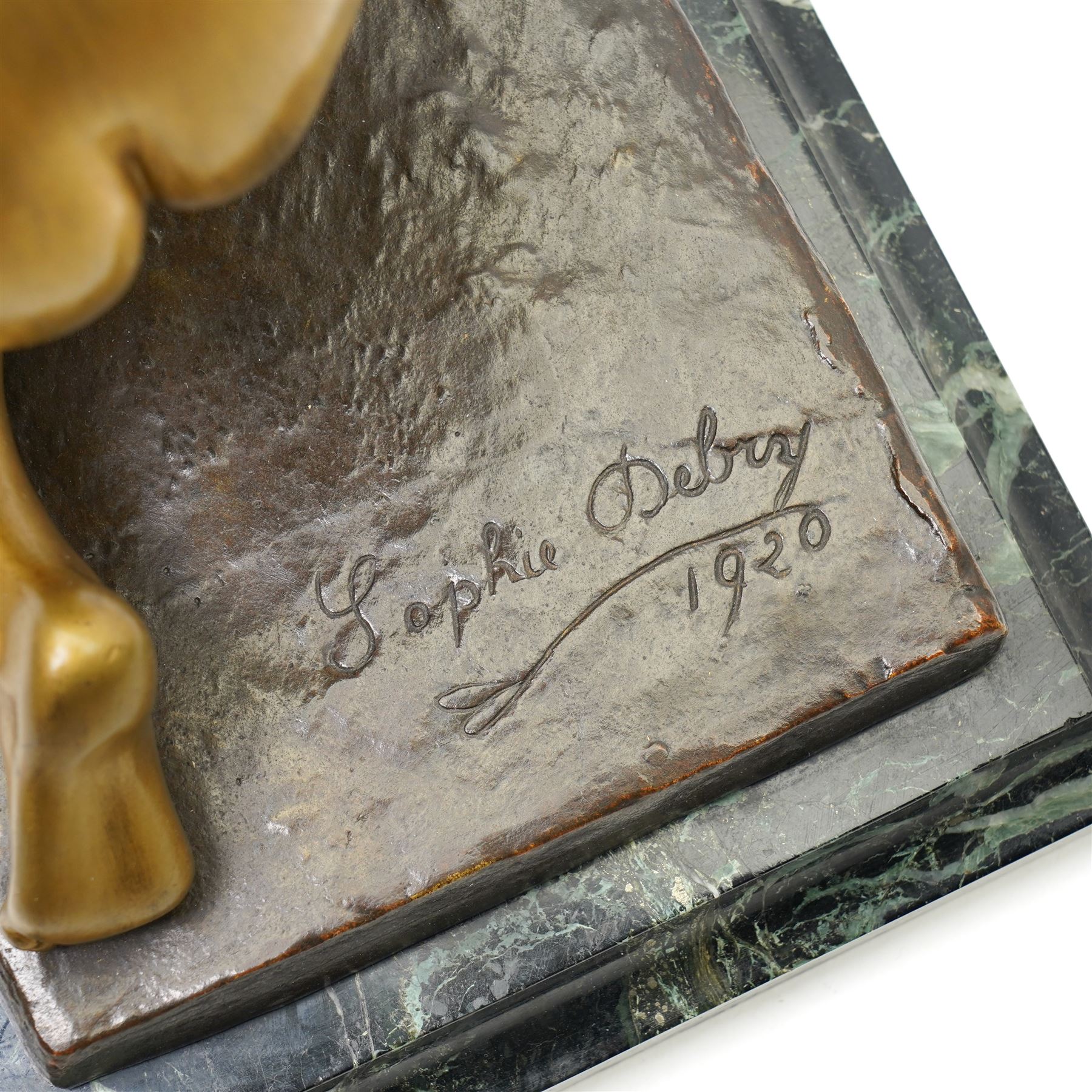 Sophie Debry (19th/20th century); 'Le Combat de Coqs' or The Cockfight, gilt bronze figural group of boy and two cockerels, signed and dated 1920, mounted on marble plinth, H28cm x W44cm