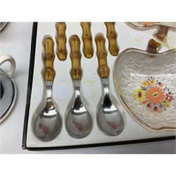 Heatmaster type three-piece tea service, comprising teapot, milk jug and covered sucrier,  together with a boxed fruit and ice cream set comprising of six bowls and six spoods