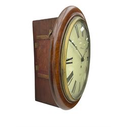 A late 19th century 8-day wall clock with a 15” mahogany bezel and 12” painted convex dial with a cast brass bezel, Roman numerals, minute track and matching steel moon hands, dial inscribed “Brunner, Hull” with a single train fusee movement, anchor escapement, rectangular movement plates with chamfered shoulders, case with two side doors and pendulum adjustment door to the curved base. With pendulum.  
****Engelbert Ignatius Brunner from Baden (Germany)  worked from Queen Street Hull . c 1886-1907.
